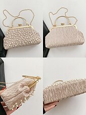 cheap Clutches &amp; Evening Bags-Vintage Pearl Beaded Clutch Bag – Elegant Women&#039;s Evening Handbag with Gold Frame and Chain Strap for Weddings, Parties and Formal Events Black White Khaki