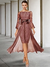 ieftine Seturi de rochii pentru mama-Rochie în două piese Fustă pentru mama miresei Invitat la nuntă Elegantă Rochie de petrecere pe umeri Lungime până la genunchi Chiffon Dantelă Mătase imitată Mâneci 3/4 cu fundițe 2025 mărime