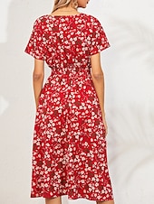 billiga Eleganta blommiga klänningar-Dam Midiklänning Vardagsklänning Swingklänning A linjeklänning Stylish Ledigt Semester Dagligen Normal Blommig Kortärmad V-hals Svart Vit Gul Rodnande Rosa Sommar