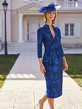 voordelige Thee Lengte-Bloem Sheath  Kolom Moeder van de Bruid Jurk Formeel Elegant Hoog Laag Hemd Kraag Thee Lengte Polyester 3/4 Lengte Mouw met Tailleband  Ribben Derby Jurk Race Dag Jurk Bruiloft Gast Jurk 2025