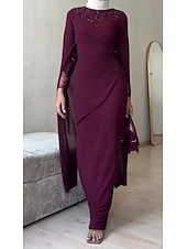 abordables violet-Robe de soirée fourreau  colonne robe élégante formelle invité de mariage longueur sol à manches longues col rond crêpe extensible avec broderie 2025