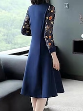 halpa Tyylikkäät kukkaiset mekot-Naisten Midimekko Boho Chic Mekot Tyylikäs Vapaa-aika Loma Päivittäin Normaali Kukka Pitkähihainen V kaula-aukko Musta Rubiini Sininen Kesä