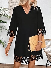 abordables robe noire midi-Femme robe longue Robe casual Robe Trapèze mode basique Décontractées Soirée Travail du quotidien Standard Plein manche longue Col V Noir Bleu Eté Printemps Automne