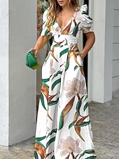 preiswerte Urlaubsoverall-Damen Normal Jumpsuit Aktiv Blumen Kurzarm V Ausschnitt Hohe Taillenlinie Urlaub Täglich Regular Fit Schwarz Weiß Blau Sommer
