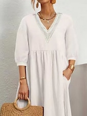 preiswerte Kleider aus Baumwolle und Leinen entwerfen-Damen Midikleid Baumwoll-Leinen-Kleider Freizeitkleid Basic Lässig Urlaub Täglich Normale Passform Einfach Dreiviertelarm V Ausschnitt Schwarz Weiß Armeegrün Sommer