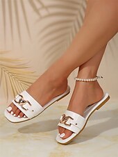 cheap Women&#039;s Sandals-Women&#039;s White Slide Sandals with Heart-Shaped Metal Buckle – Casual Summer Footwear for Beach, Vacation and Everyday Style