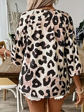 billige Kvinnenes arbeids topper-Dame Skjorte Bluse Leopard Stilfull Fritid 3/4 ermer V-hals Vanlige topper Daglig Trykt mønster Leopard Sommer Vår