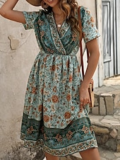 billiga Bohemklänningar-Dam Långklänning Maxiklänning Vardagsklänning A linjeklänning Sommarklänning Boho-klänning Elegant Hawaiisk Stylish Semester Dagligen Datum Normal Blommig Kortärmad V-hals Grön Sommar
