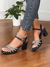 abordables Sandalias de tacón-Sandalias negras de tiras con tacón de bloque y pedrería: sandalias de mujer cómodas y elegantes con tiras brillantes, perfectas para uso informal o reuniones de verano.