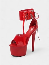 cheap Dress Sandals-Black Patent Leather Platform Sandals with Lace-Up Ankle Straps – Sexy Women&#039;s High Heel Shoes for Club and Dance