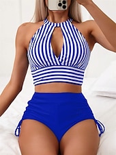 billiga Bikinis-Dam Badkläder Bikini Pojkeben Baddräkt Öppen rygg Snörning Hög midja Smal Semester Standkläder Randig Halterneck Ärmlös Baddräkter