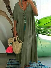 preiswerte bedruckte Kleider aus Baumwolle und Leinen-Damen Maxikleid Baumwoll-Leinen-Kleider Freizeitkleid Basic Lässig Urlaub Täglich Lässiger Schnitt Einfach Kurzarm V Ausschnitt Orange Grün Khaki Dunkelblau Sommer Frühling