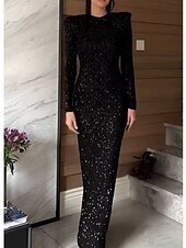 preiswerte SCHWARZ-Sheath  Column Abendkleid Partykleid Abendparty Party-Bekleidung Bodenlang Langarm Rundhalsausschnitt Spandex Rückenfrei mit Glitzer Paillettenstickerei