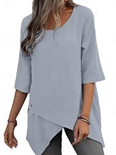 cheap Plain Tops-Women&#039;s Blouse Solid Color Elegant Stylish Casual Short Sleeve Crew Neck Regular Tops Work Daily Going out Asymmetric Hem Dusty Blue Gray Summer Spring