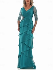 preiswerte Bodenlänge-A-Linie Kleid Brautmutterkleid Formell Elegant V Ausschnitt Bodenlang Chiffon Dreiviertelarm mit Stufen Kaskadierende Rüschen Einfarbig 2025