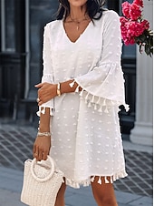 preiswerte Weiße Spitzenkleider-Damen Minikleid Weißes Kleid Brautkleider schlicht Ausgestellter Ärmel Urlaub Täglich Lockere Passform 3/4 Ärmel V Ausschnitt Weiß Hellgrün Sommer