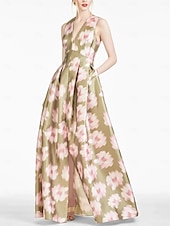 billiga Blommor-A-linjig Aftonklänning Hög Slits Klänning Strand Bröllop Formell Bröllop Gäst Golvlängd Ärmlös V-hals Ficka Satin med Blommönster Slits Ficka Derby Klänning Racedag Klänning Bröllop Gäst Klänning 2025