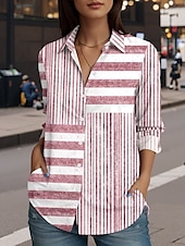 abordables Tops à Rayures et Géométriques pour Femmes-Femmes Chemise Graphique Occasionnel manche longue Col de chemise Hauts Réguliers Travail Quotidien Sortir Boutons Imprimé Rose Claire Gris Clair Printemps Automne Hiver
