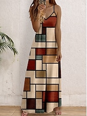 economico Abiti a Strisce e Geometrici-Abito Maxi Donna Abito Estivo Abito A-Line Abito Floreale Abito Fluttuante Vacanza Casual Quotidiano Vestibilità Regolare Color Block Senza Maniche V Collo Marrone Estate Primavera