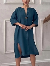 preiswerte Kleider-Damen Langes Kleid Maxikleid Leinen-inspirierte Kleider Freizeitkleid Stilvoll Lässig Urlaub Täglich Date Normale Passform Einfach Langarm V Ausschnitt Schwarz Hellgrün Rosa Rote Sommer Frühling