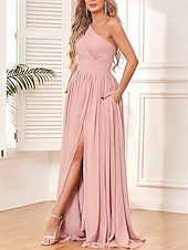 baratos Vestidos para Madrinhas-vestido de dama de honra em corte A, um ombro, sem mangas, elegante, longo, chiffon, com pregas / frente aberta / franzido 2025