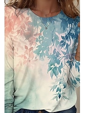 economico T-shirt floreale-Maglietta da donna con collo a giro lungo maniche tunica floreale casual tops regolari quotidiani stampa verde primavera autunno