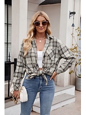 cheap Women&#039;s Graphic Tops-Women&#039;s Shirt Boho Shirt Dressy Tops Plaid Casual Boho Long Sleeve Bishop Sleeve V Neck Long Tops Work Daily Going out Pink Dusty Blue Purple Khaki Dark Gray Spring Fall