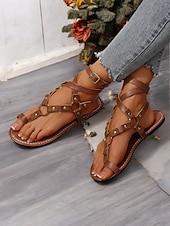 preiswerte Damensandalen-Damen-Gladiatorsandalen im Bohemian-Stil – flache Riemchenschuhe im Römerstil mit Schnürung und Nietendetails für Sommer, Strand und Freizeit