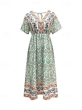 abordables Robes Bohémiennes-Femme robe longue Robe Trapèze Robe d&#039;été robe boheme Elégant Hawaïen mode Vacances du quotidien Rendez-vous Standard Floral Manche Courte Col V Vert Eté