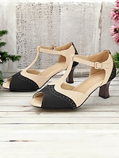 cheap 1930s-Women&#039;s Vintage Colorblock T-Strap Peep-Toe Heels – Elegant Mid Heel Sandals with Buckle Closure for Office, Casual &amp; Formal Occasions