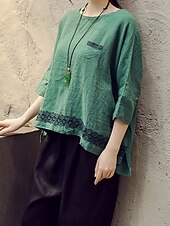 preiswerte Hemden-Damen Hemd Bluse Baumwoll-Leinen-Hemden Geometrisch Basic Lässig Dreiviertelarm Rundhalsausschnitt Normale Oberteile Täglich Patchwork Weiß Braun Grün Sommer Frühling