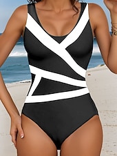 billiga One-piece-baddräkter-Damernas badkläder en del monokini baddräkt utan rygg magkontroll hög midja slim semester strandkläder geometrisk u-hals ärmlös baddräkter