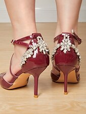 cheap Formal-Glamorous Burgundy Wedding Heels for Women - Patent Leather Stilettos with Rhinestone Floral Embellishments, Perfect for Bridal and Formal Occasions