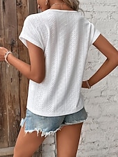 economico Top in Pizzo-Top in pizzo bianco elegante da donna con occhiello top basic casual semplice regolare maniche corte scollatura a V patchwork in pizzo regolare quotidiano romantico fine settimana top petite estivi