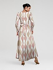 economico Abiti floreali-Per donna Orlo maxi Raso Maxi Vestito maxi SALMONE Bianco Manica lunga Modello di piante Fiore / Piante Pulsante pianta Primavera A V Abito volante S M L