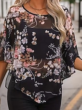 billige Kvinne Grafiske Topper-Dame Skjorte Bluse Blomstret Stilfull Fritid 3/4 ermer Crew-hals Vanlige topper Daglig Netting Trykt mønster Svart Sommer