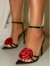 cheap Heeled Sandals-Black High Heel Sandals with Red Floral Embellishments - Chic Party Shoes for Women and Wedding
