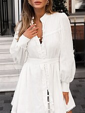 abordables robes imprimées en coton et lin-Femmes Mini Robe Robes inspirées du lin Robe en coton et lin Robe trapèze Élégant Basique Occasionnel Vacances Soirée Travail Coupe régulière Uni manche longue Col haut Blanche Été Printemps Automne