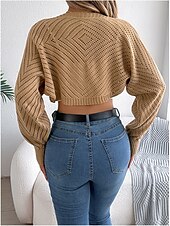 preiswerte Strickjacken und Oberbekleidung-Damen Strickjacke Pullover mit Zopfmuster Strassenmode Täglich Stilvoll Einfarbig Grobstricken Gehäkelt Öffnung vorne Ausgehöhlt Strick Raglanärmel Laternenärmel Langarm Crop Tops Stricken Heim Party