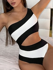 billiga One-piece-baddräkter-Dam Badkläder En bit Monokini Baddräkt Öppen rygg Magkontroll Hög midja Smal Semester Standkläder Rand Asymmetrisk hals Ärmlös Baddräkter
