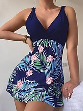 olcso Fürdőlapok-Womens úszódresszek hasellenőrző tankini fürdőruha hátsó zipzárral hasellenőrző magas derekú slim nyaralós tengerparti viselet grafikus V nyakú ujjatlan fürdőruhák