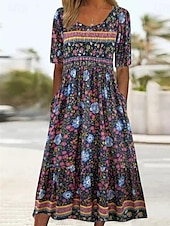 abordables Robes Bohémiennes-Femme Robe Maxi Robe casual Robe Évasée Robe Trapèze robe boheme Décontractées du quotidien Standard Floral Manche Courte Col V Noir Rouge bleu marine Bleu Roi Eté Printemps Automne