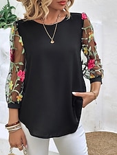 Damskie Koszula Bluzka Kwiaty Elegancki Codzienny Rękaw 3/4 Półgolf Zwykłe topy Codzienny Siateczka Haft Nadruk Czarny Granatowy Lato Wiosna tanie Eleganckie topy-Damskie Koszula Bluzka Kwiaty Elegancki Codzienny Rękaw 3/4 Półgolf Zwykłe topy Codzienny Siateczka Haft Nadruk Czarny Granatowy Lato Wiosna