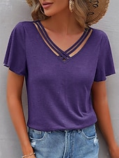 abordables T-shirt uni-Femme T shirt Plein Mode Moderne Décontractées Manche Courte Col V Hauts réguliers du quotidien Fin de semaine Noir Vert Véronèse bleu marine Violet Eté Printemps