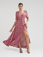 baratos vestido casual estampado-Mulheres Roupas de resort Vestido Longo Vestido Maxi Rosa Manga Curta Geométrico Com Cordão Primavera Verão Decote V férias na praia S M L