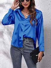 economico Top eleganti-Per donna Camicia Elegant Elegante Raso/Satin Tinta unica Affari Moderno Casual Manica Lunga Colletto a Camicia Top Regolari Lavoro Abbigliamento Formale Bottoni Giallo Rosa Vino Blu Verde Estate