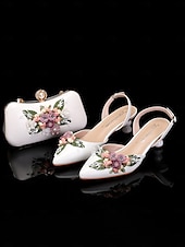 ieftine Semi-formal-Set de pantofi albi cu toc pisicuță cu ornamente florale de epocă și set clutch asortat pentru femei - ideal pentru nunți și ocazii formale