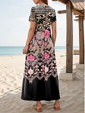 preiswerte Boho Kleider-Damen Maxi Kleid Freizeitkleid Sommerkleid Shift Kleid Lässige Tägliche Lässige Passform Floral Kurzarm Rundhalsausschnitt Schwarz Sommer