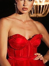 preiswerte ROT-Ballkleid Abendkleid Ausgeschnittenes Kleid Abendparty Fotoshooting Bodenlänge Ärmellos Trägerlos Spitze Rückenfrei mit Rüschen Schlitz