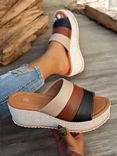 abordables Sandalias Informales-Sandalias de cuña con plataforma multicolor para mujer con punta abierta: zapatos de verano cómodos para salidas informales y vacaciones en la playa
